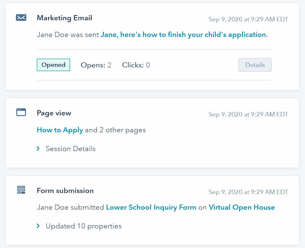 Hubspot activity timeline example for schools